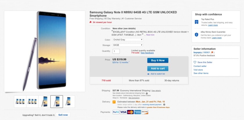 A Galaxy Note 9 eBay store page.