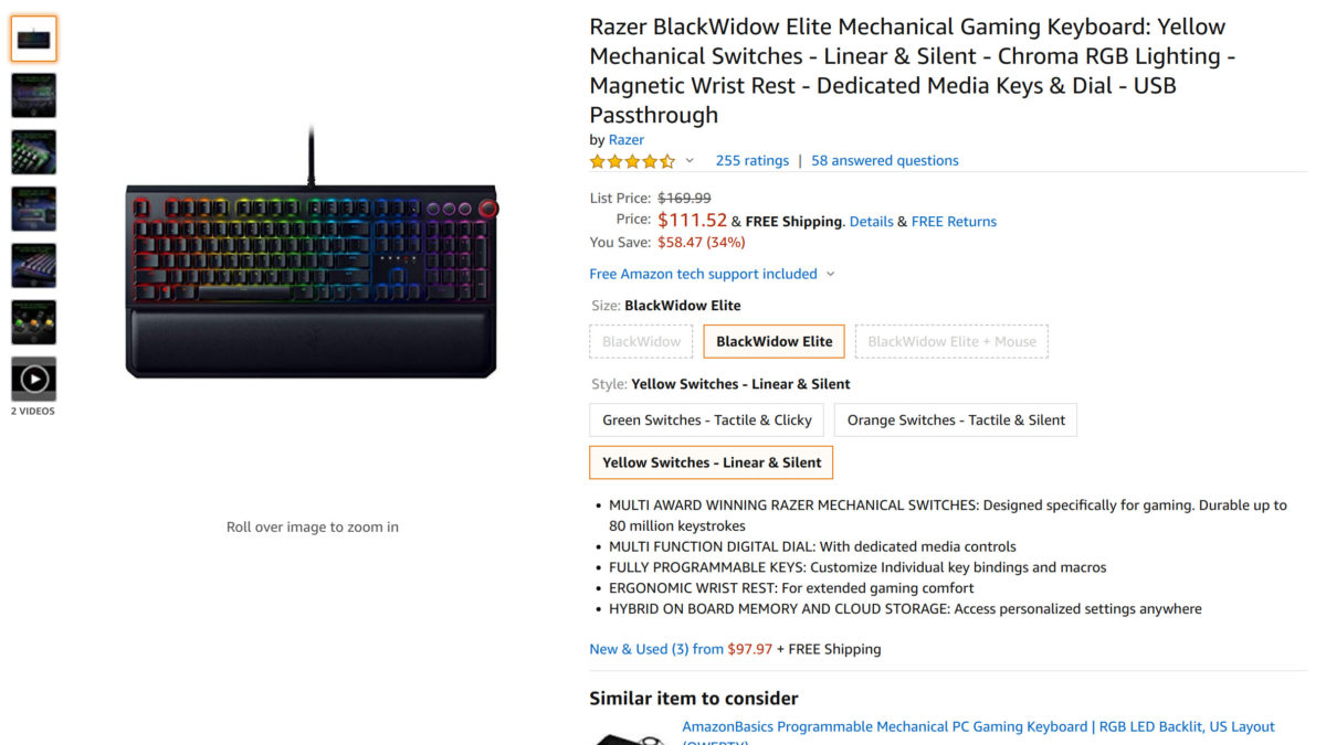 Razer BlackWidow Elite mechanical gaming keyboard Amazon sale Razer BlackWidow Elite mechanical gaming keyboard Amazon sale