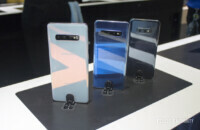 The three variants of the Samsung Galaxy S10 lined up on display in the Samsung Experience Store in Long Island.