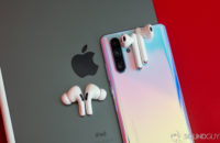 Huawei Freebuds 3 on top of P30 Pro phone and AirPods Pro on top of iPad Pro Apple logo