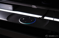 Polk Command Bar Alexa speaker with LED indicator ring lit up.